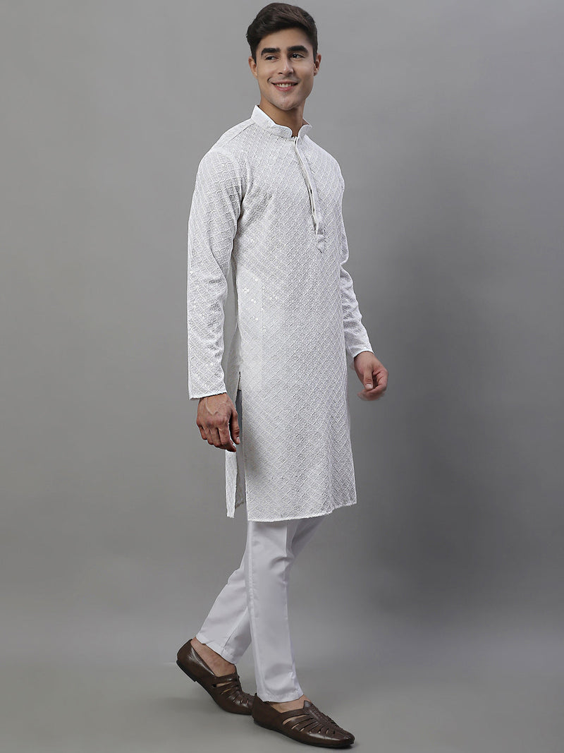 Men's White Chikankari Embroidered and Sequence Kurta with Pyjama.