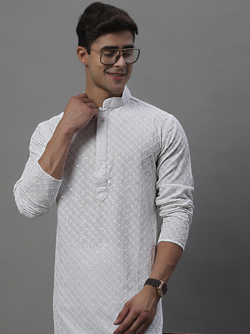 Men's White Chikankari Embroidered and Sequence Kurta with Pyjama.