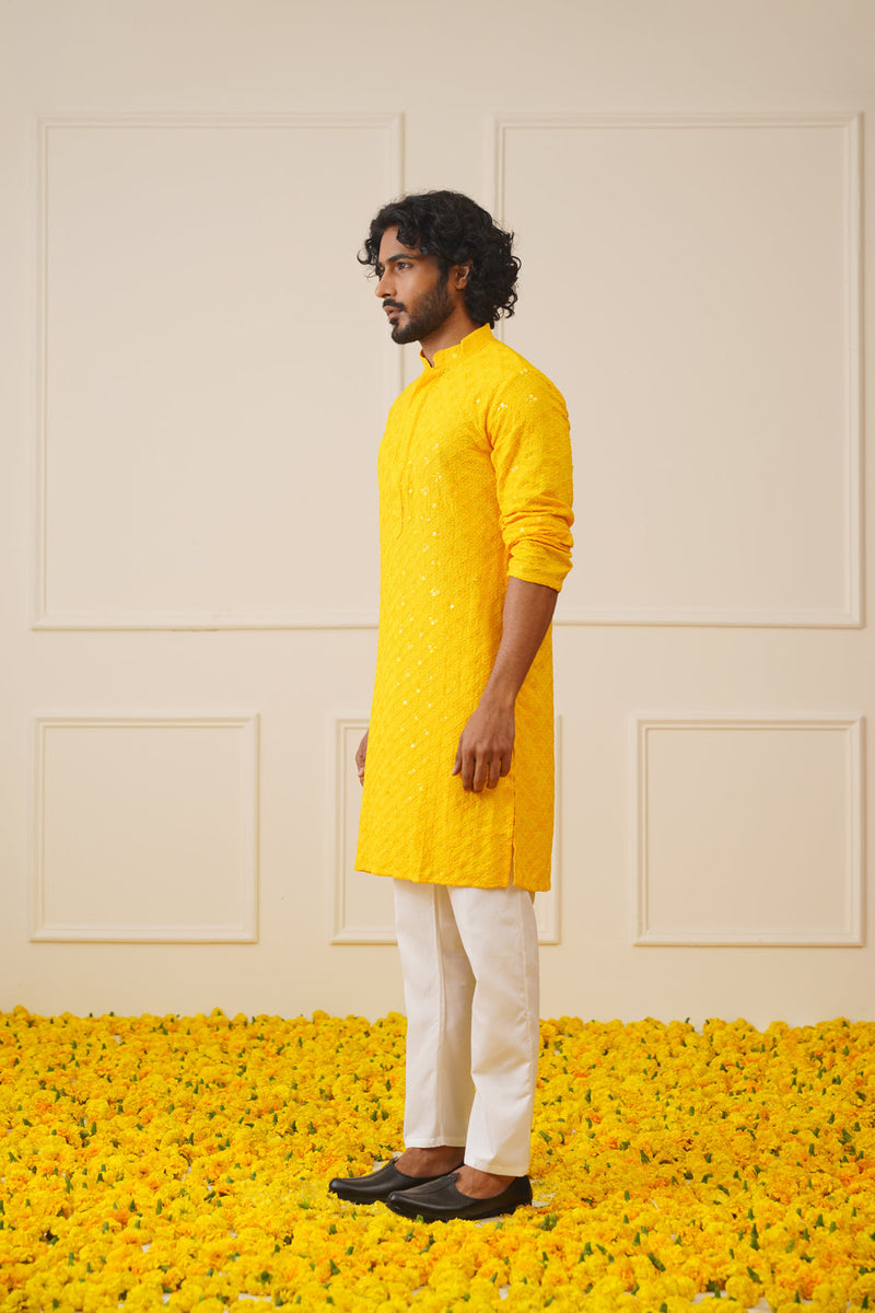 Men's Yellow Chikankari Embroidered and Sequence Kurta with Pyjama.