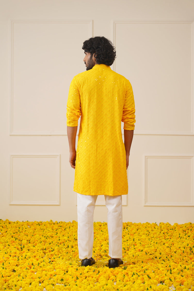 Men's Yellow Chikankari Embroidered and Sequence Kurta with Pyjama.