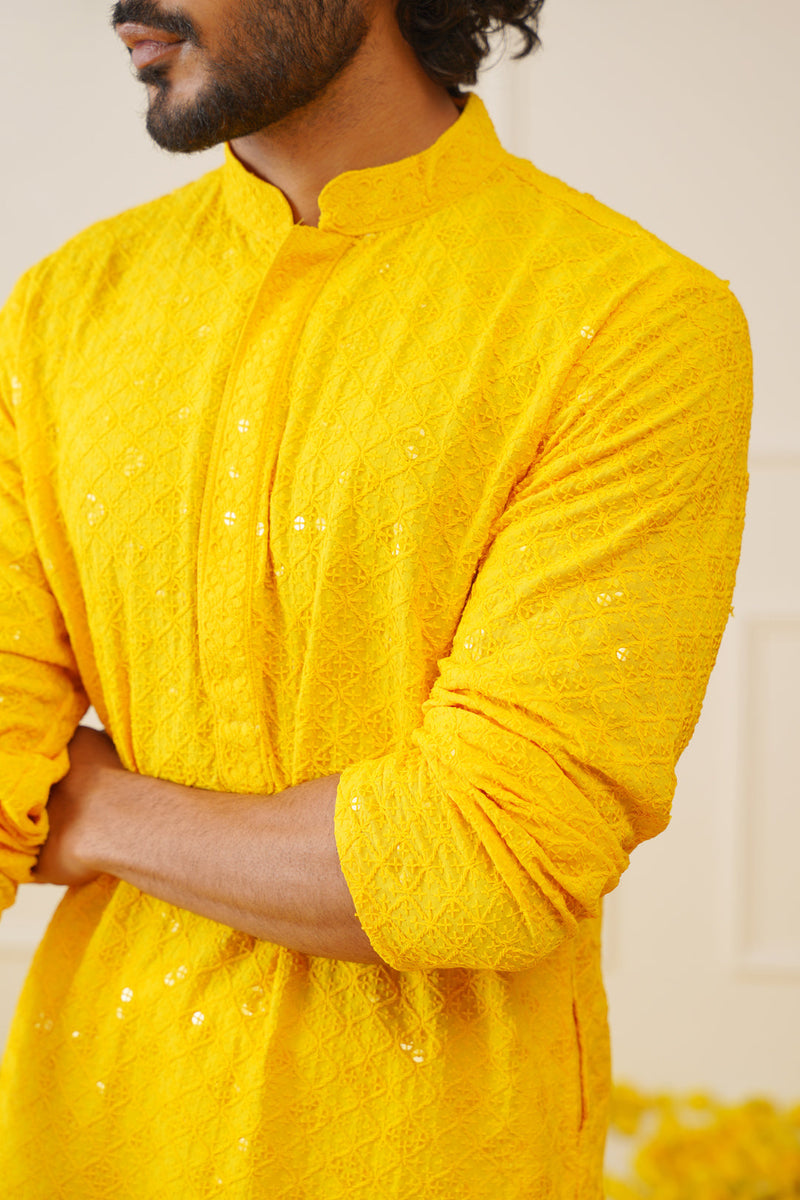 Men's Yellow Chikankari Embroidered and Sequence Kurtas