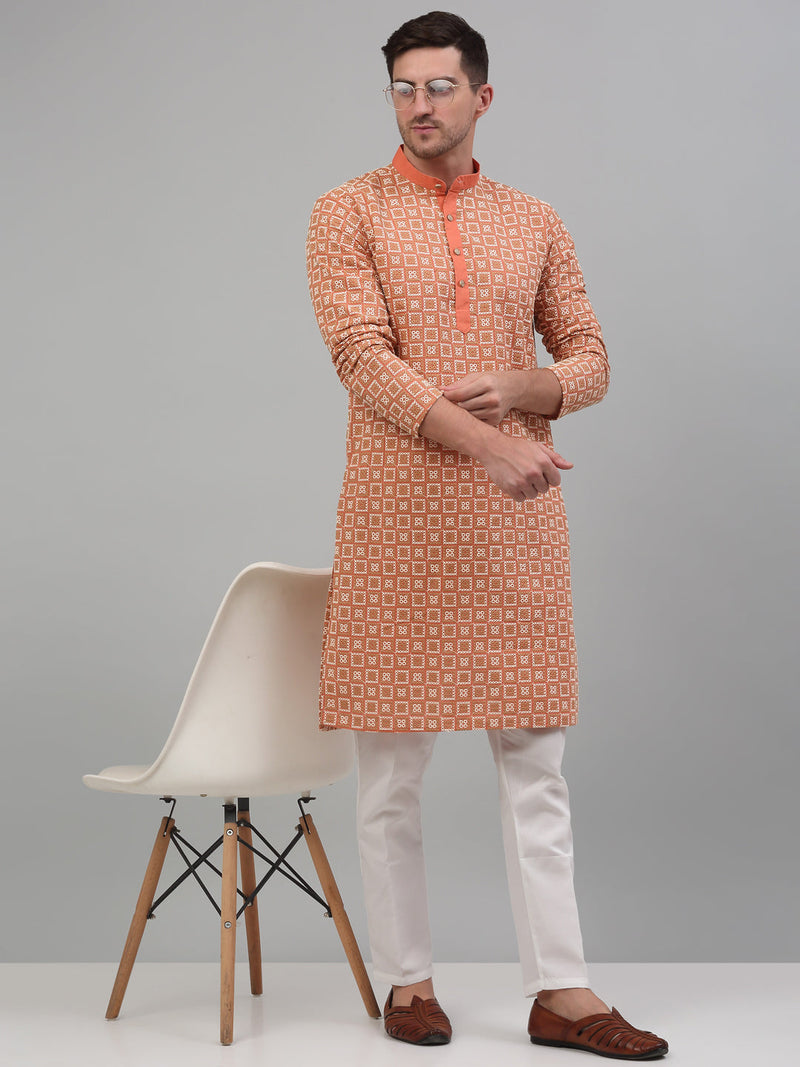 Men's Peach Embroidered Kurta with Pyjama.