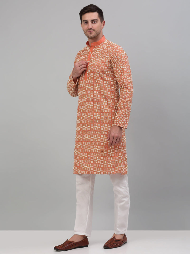 Men's Peach Embroidered Kurta with Pyjama.