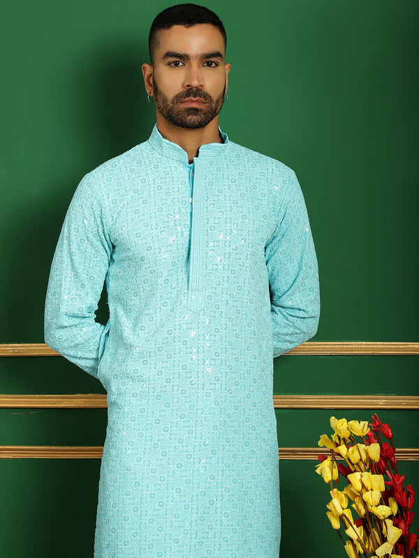 Men Blue Embroidered and Sequence Kurta with Salwar