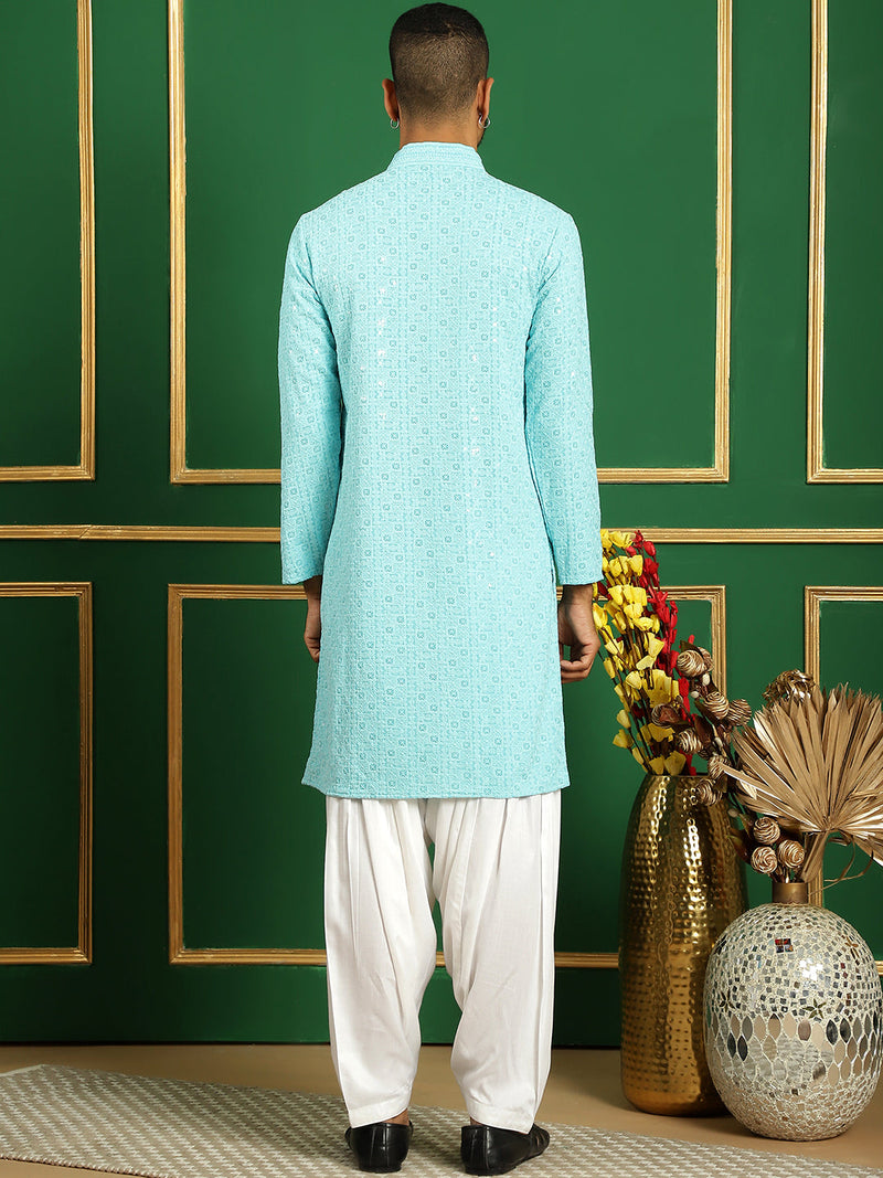 Men Blue Embroidered and Sequence Kurta with Salwar