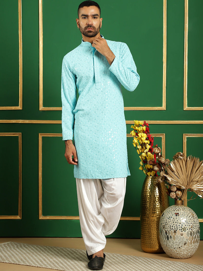 Men Blue Embroidered and Sequence Kurta with Salwar