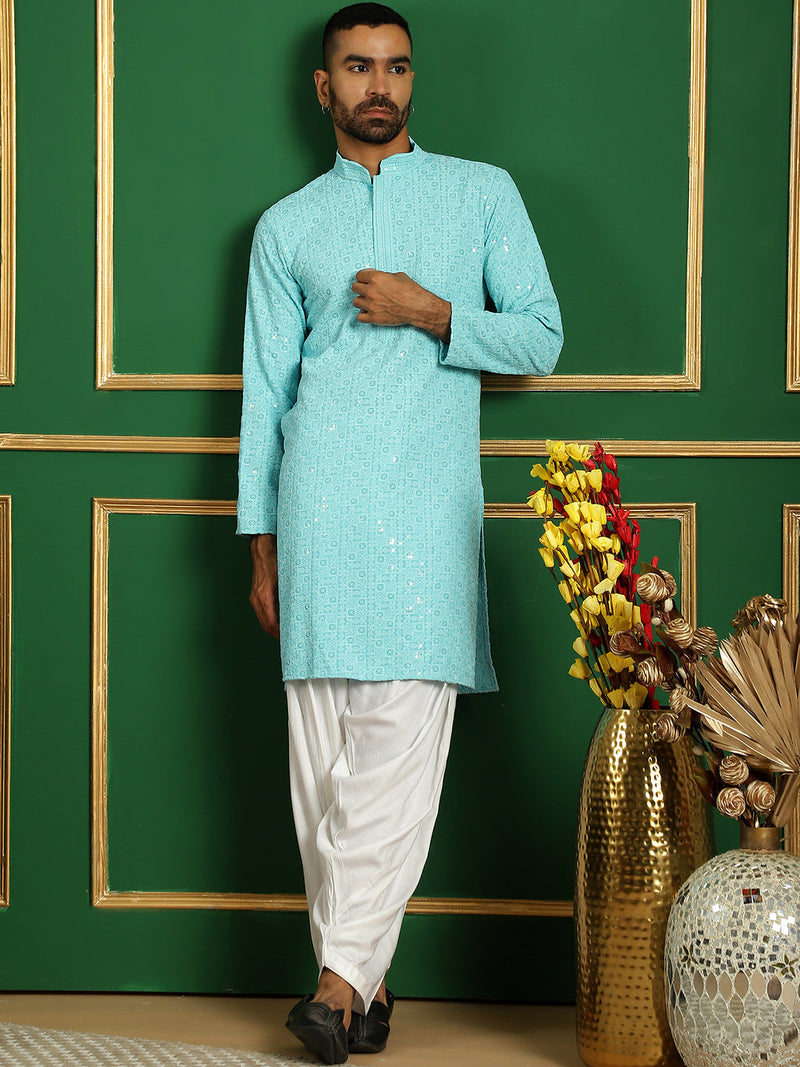 Men Blue Embroidered and Sequence Kurta with Salwar