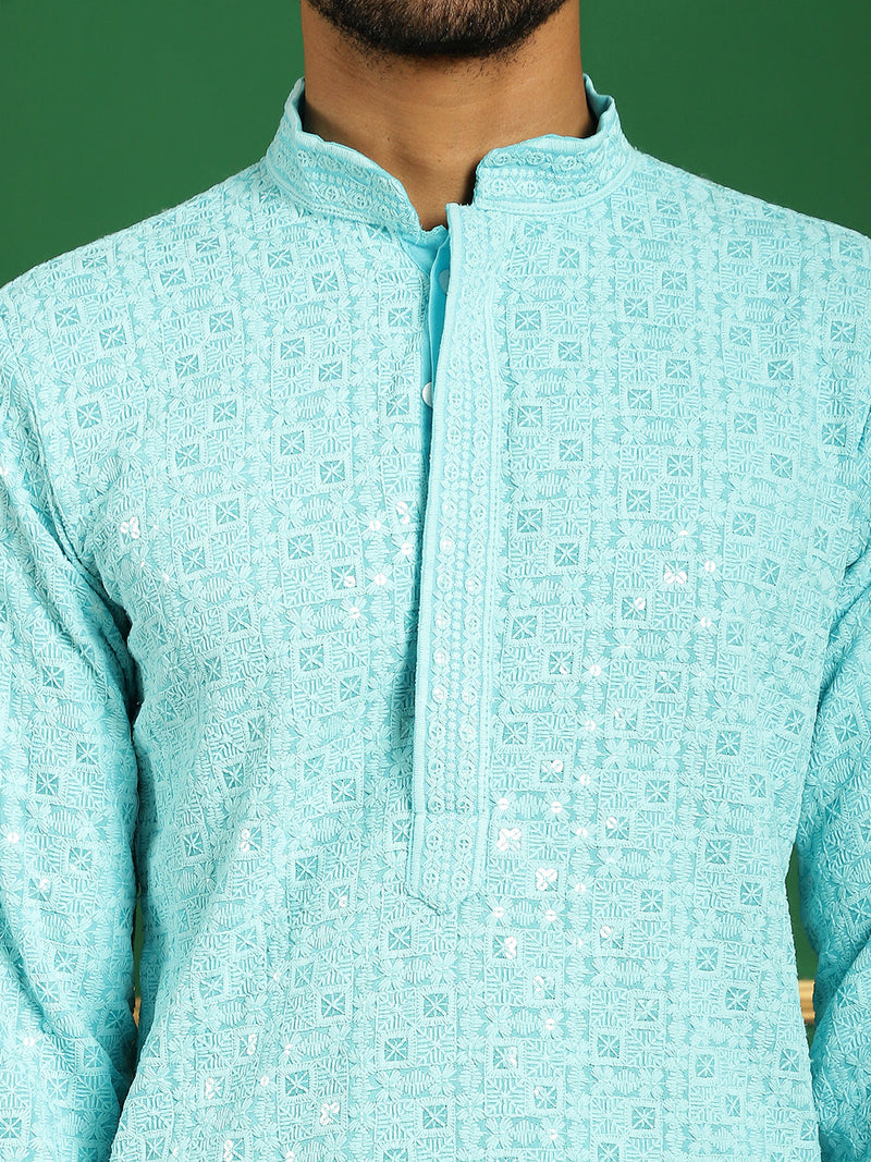 Men Blue Embroidered and Sequence Kurta with Salwar