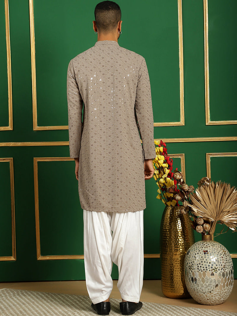 Men Grey Embroidered and Sequence Kurta with Salwar