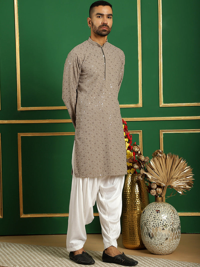 Men Grey Embroidered and Sequence Kurta with Salwar