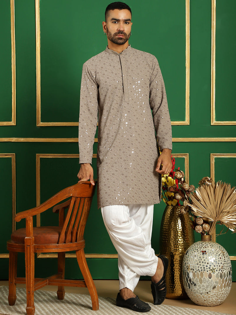 Men Grey Embroidered and Sequence Kurta with Salwar