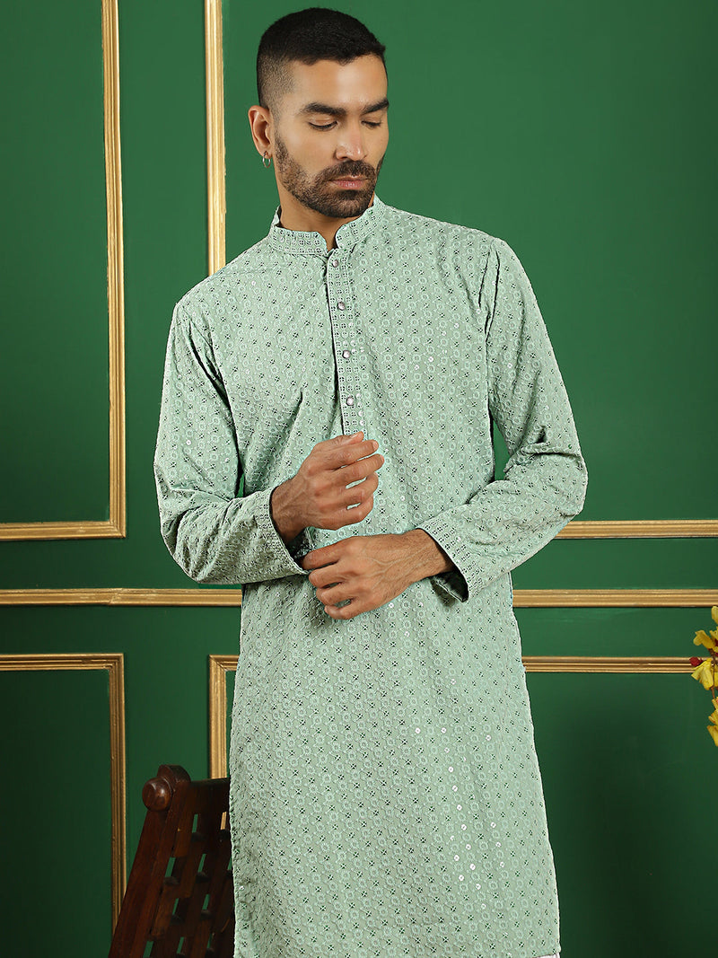 Men Pista Green Embroidered and Sequence Kurta with Salwar