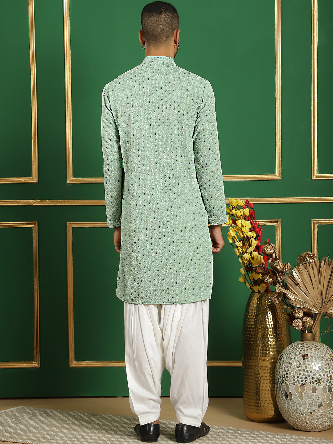 Men Pista Green Embroidered and Sequence Kurta with Salwar