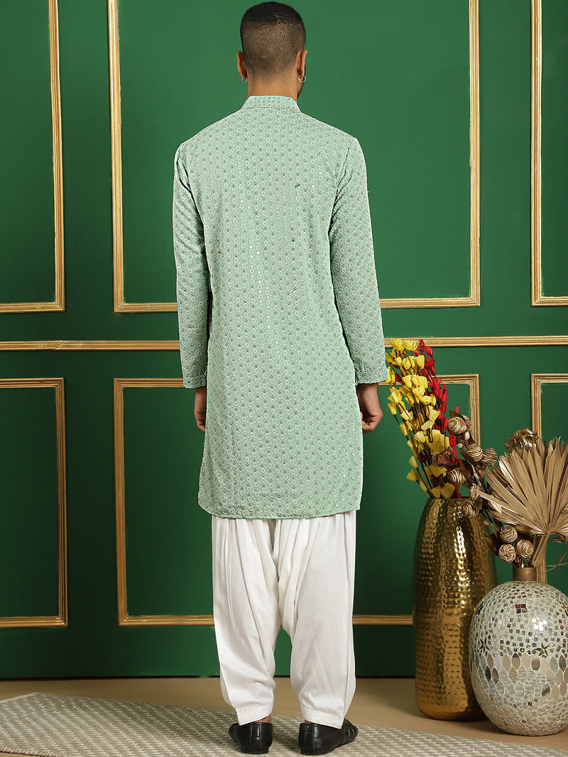 Men Pista Green Embroidered and Sequence Kurta with Salwar