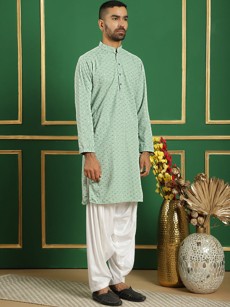 Men Pista Green Embroidered and Sequence Kurta with Salwar