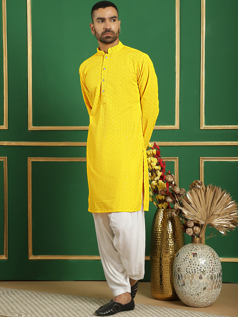 Men Yellow Embroidered and Sequence Kurta with Salwar