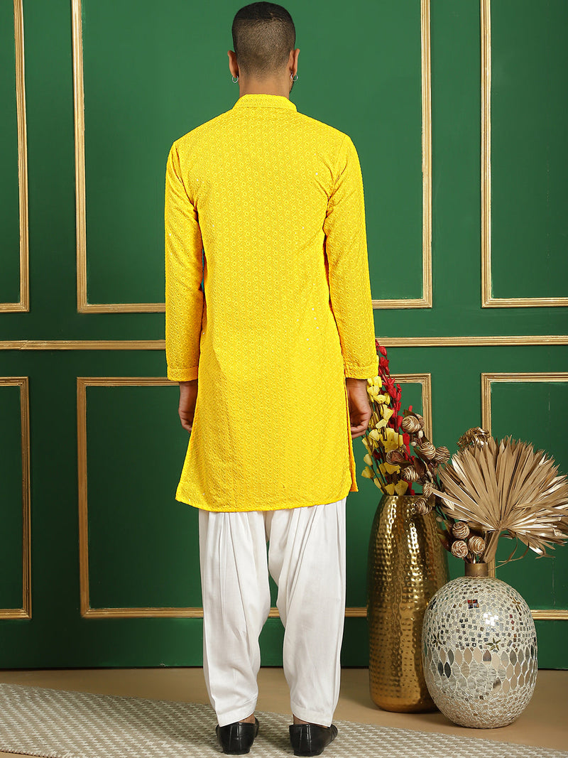 Men Yellow Embroidered and Sequence Kurta with Salwar