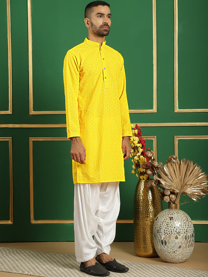 Men Yellow Embroidered and Sequence Kurta with Salwar