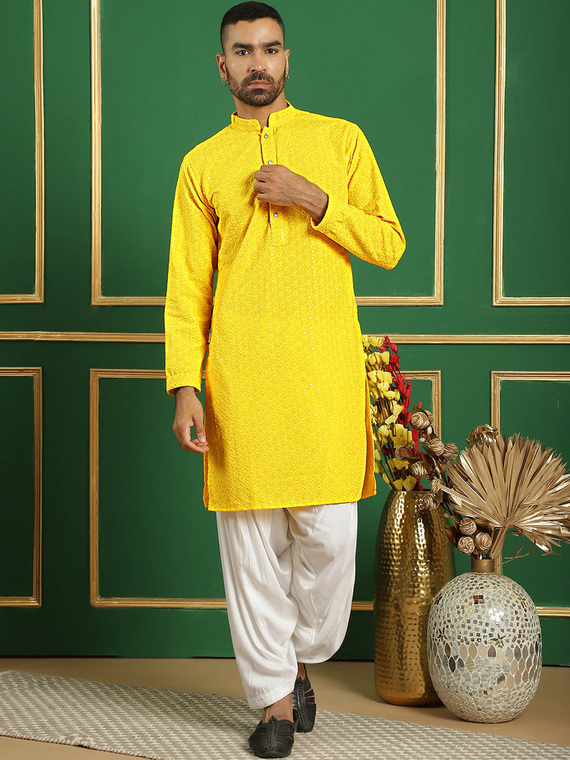 Men Yellow Embroidered and Sequence Kurta with Salwar