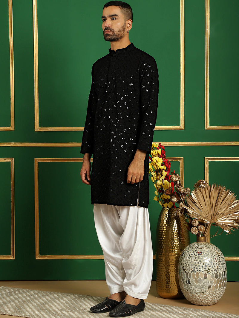 Men Black Embroidered and Sequence Kurta with Salwar