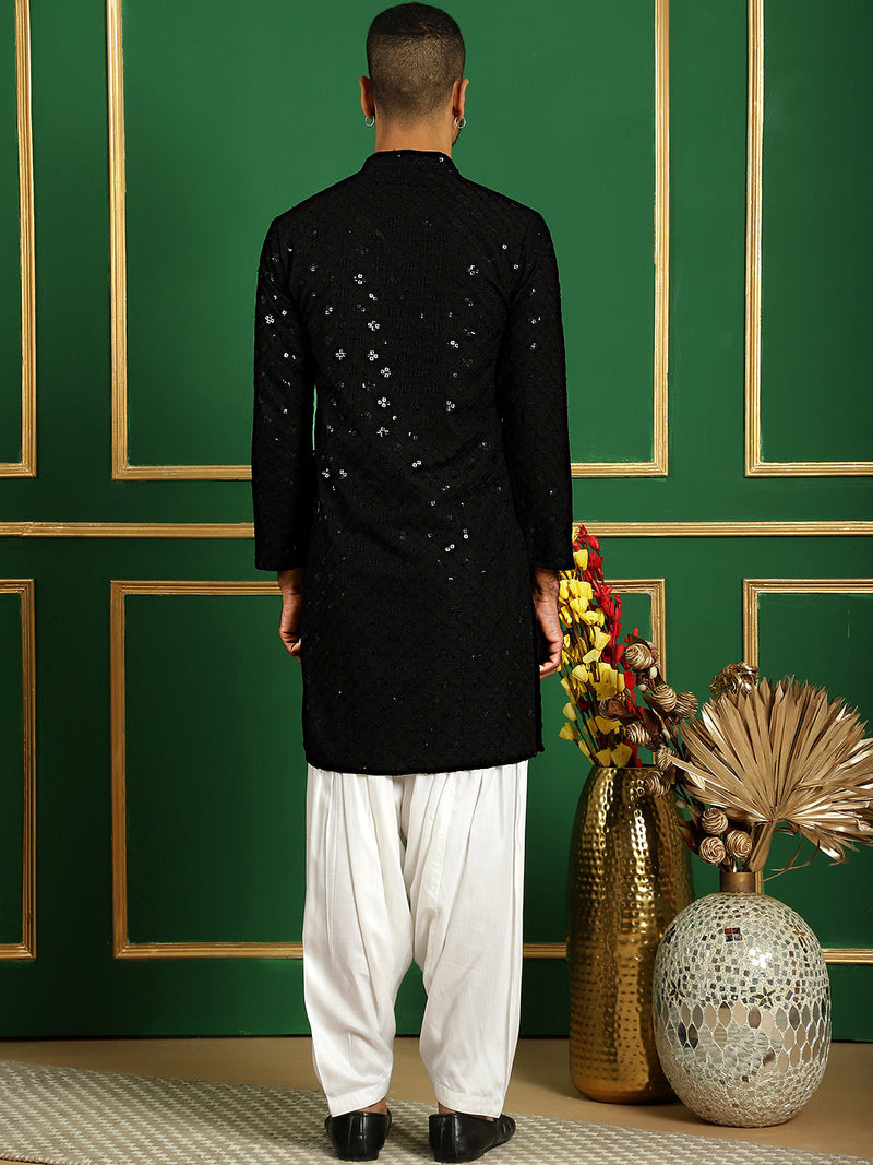 Men Black Embroidered and Sequence Kurta with Salwar