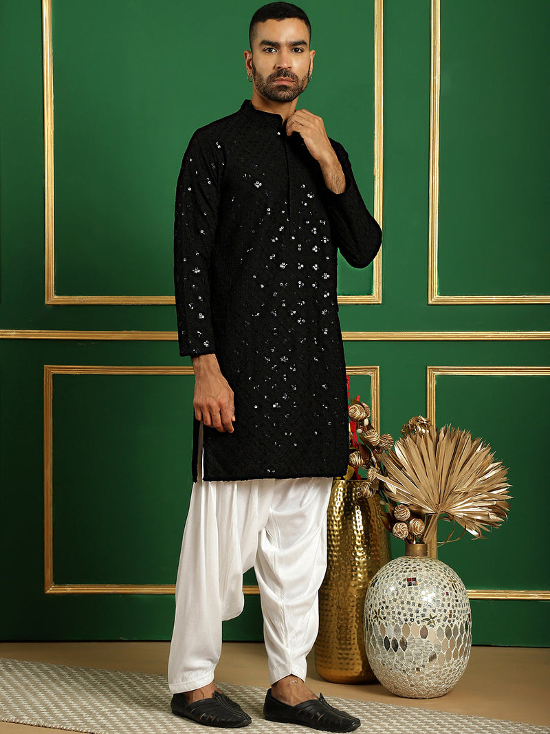 Men Black Embroidered and Sequence Kurta with Salwar