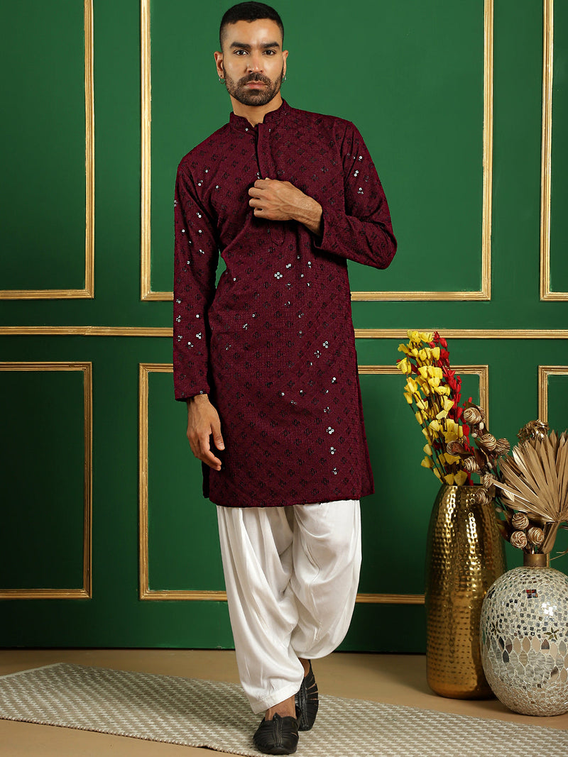 Men Purple Embroidered and Sequence Kurta with Salwar