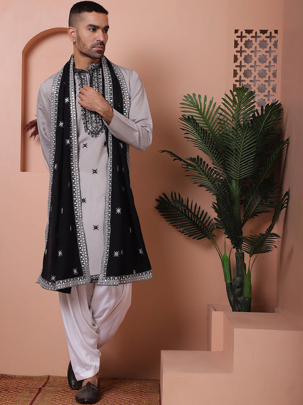 Embroidered Grey Silk Blend Kurta Salwar and Dupatta Set for Men