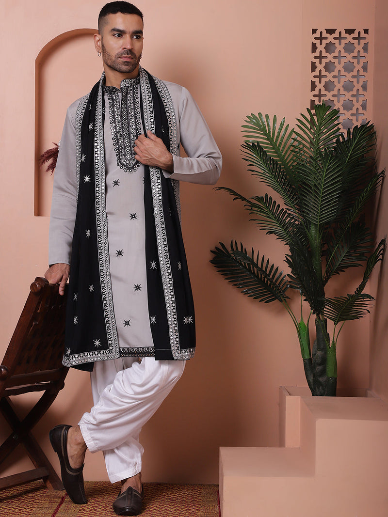 Embroidered Grey Silk Blend Kurta Salwar and Dupatta Set for Men