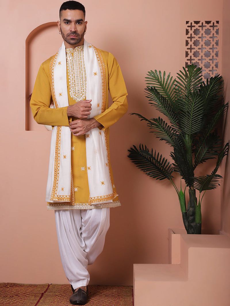 Embroidered Mustard Silk Blend Kurta Salwar and Dupatta Set for Men