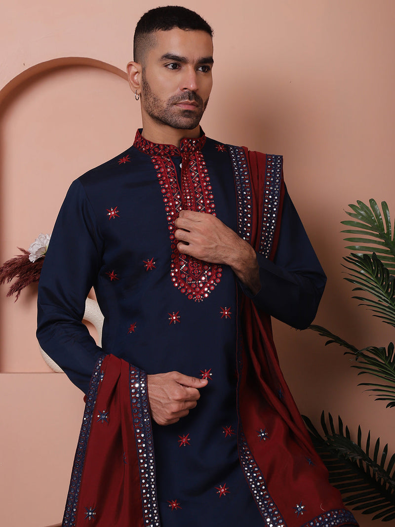 Embroidered Navy Blue Silk Blend Kurta Salwar and Dupatta Set for Men