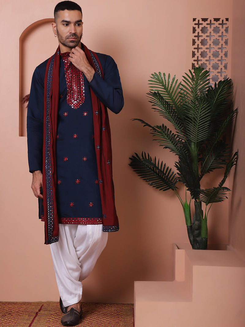 Embroidered Navy Blue Silk Blend Kurta Salwar and Dupatta Set for Men