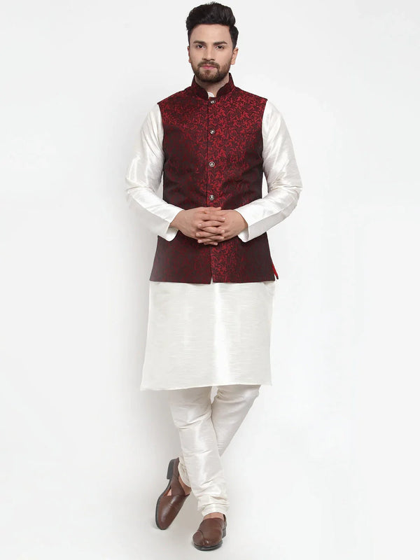 Jompers Men's Solid Dupion Kurta Pajama with Woven Jacquard Waistcoat ( JOKP WC 4054 Maroon )