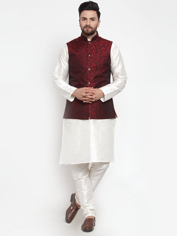 Jompers Men's Solid Dupion Kurta Pajama with Woven Jacquard Waistcoat