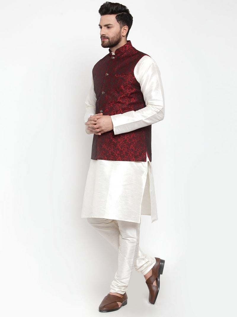 Jompers Men's Solid Dupion Kurta Pajama with Woven Jacquard Waistcoat