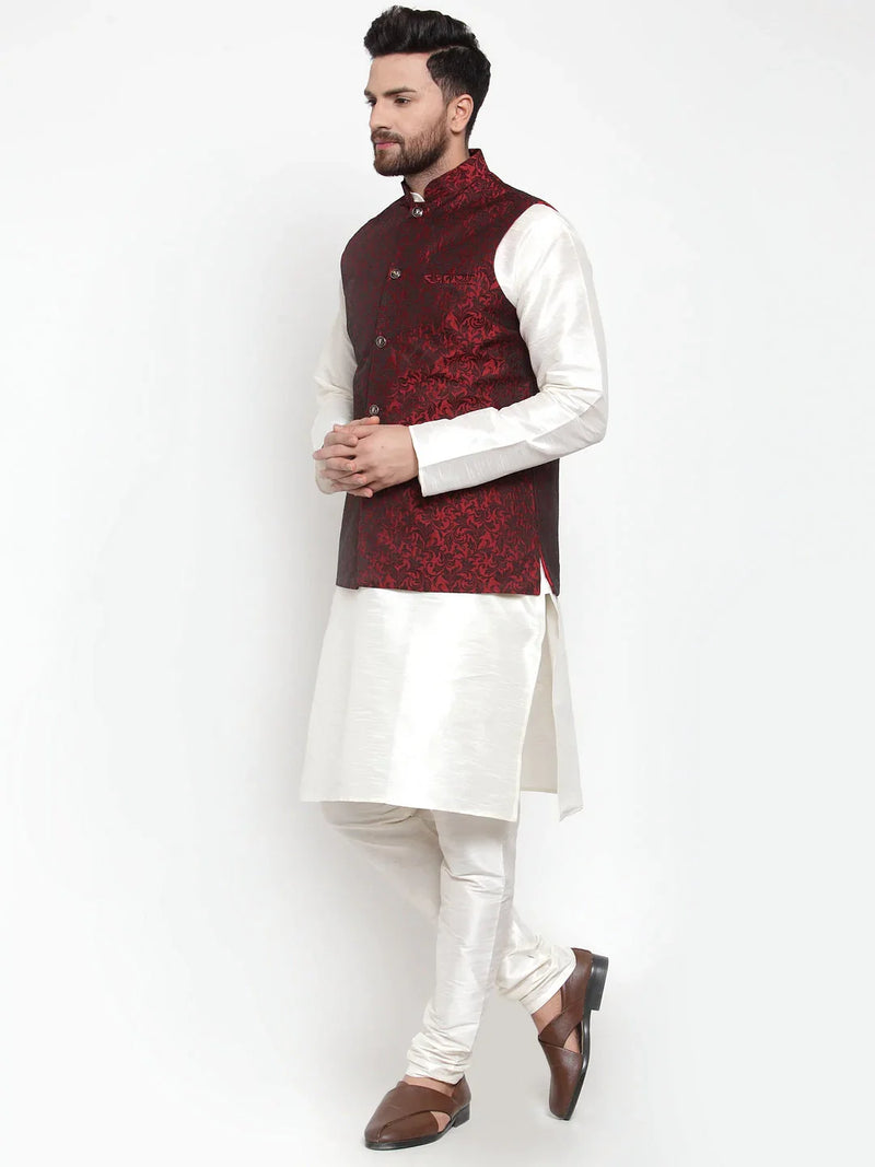 Jompers Men's Solid Dupion Kurta Pajama with Woven Jacquard Waistcoat ( JOKP WC 4054 Maroon )