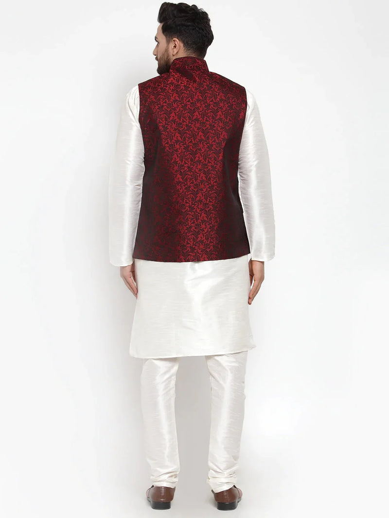 Jompers Men's Solid Dupion Kurta Pajama with Woven Jacquard Waistcoat ( JOKP WC 4054 Maroon )