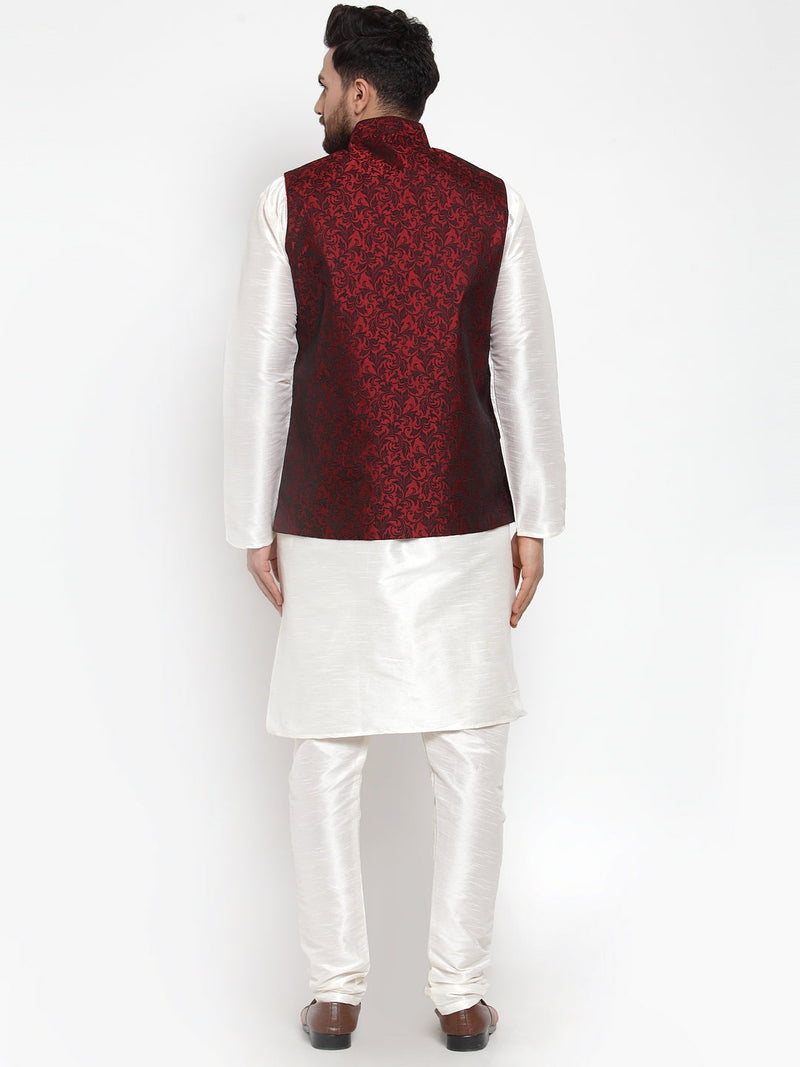 Jompers Men's Solid Dupion Kurta Pajama with Woven Jacquard Waistcoat