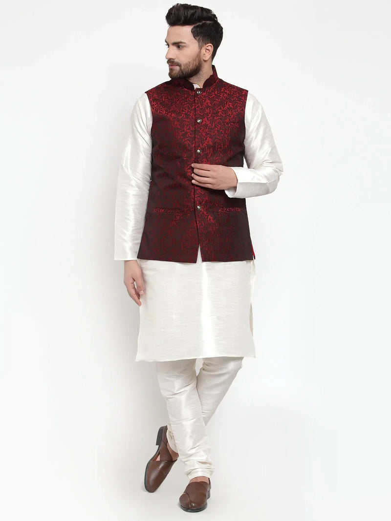 Jompers Men's Solid Dupion Kurta Pajama with Woven Jacquard Waistcoat ( JOKP WC 4054 Maroon )