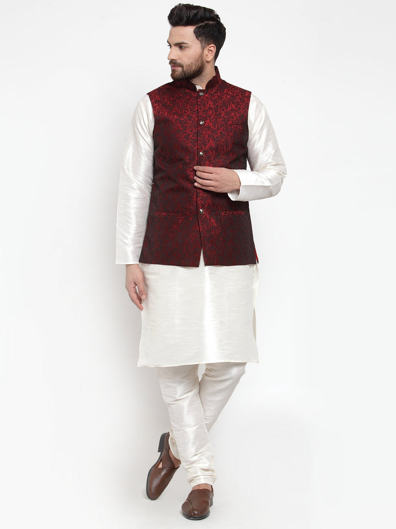 Jompers Men's Solid Dupion Kurta Pajama with Woven Jacquard Waistcoat