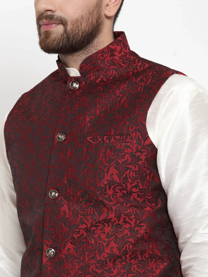 Jompers Men's Solid Dupion Kurta Pajama with Woven Jacquard Waistcoat ( JOKP WC 4054 Maroon )