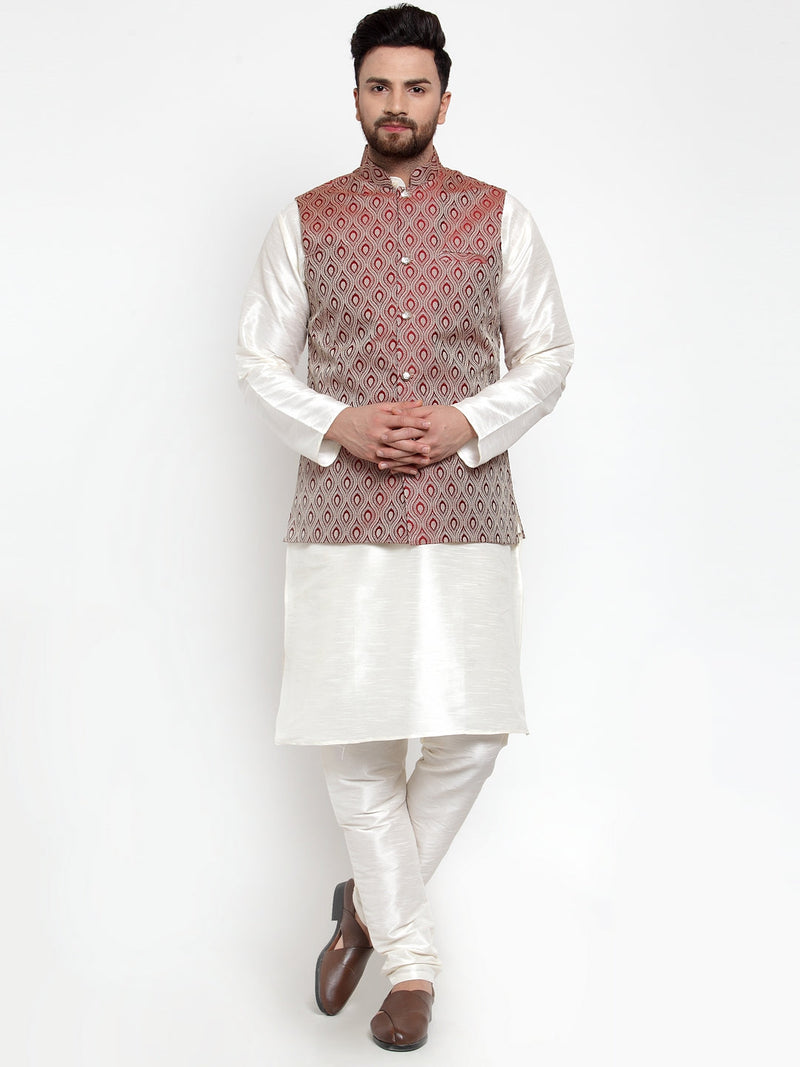 Jompers Men's Solid Dupion Kurta Pajama with Woven Jacquard Waistcoat