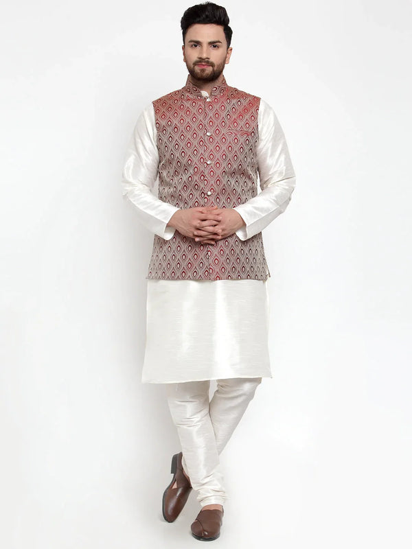 Jompers Men's Solid Dupion Kurta Pajama with Woven Jacquard Waistcoat ( JOKP WC 4056 Maroon )