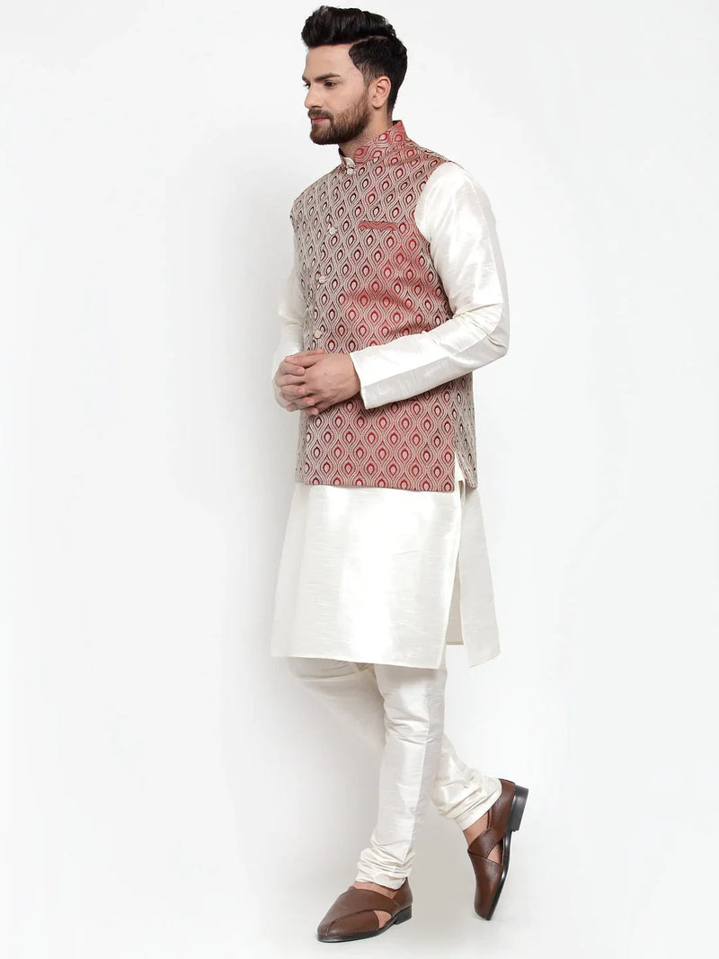 Jompers Men's Solid Dupion Kurta Pajama with Woven Jacquard Waistcoat ( JOKP WC 4056 Maroon )