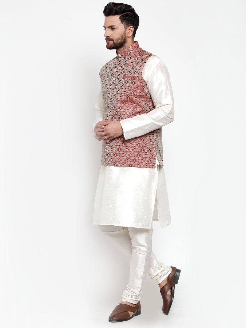 Jompers Men's Solid Dupion Kurta Pajama with Woven Jacquard Waistcoat