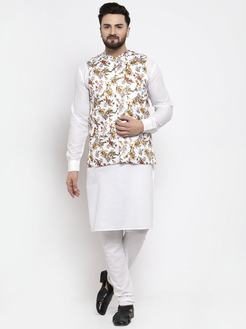 Jompers Men's Solid Cotton Kurta Pajama with Printed Waistcoat