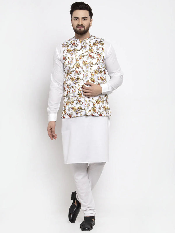 Jompers Men's Solid Cotton Kurta Pajama with Printed Waistcoat ( JOKP WC 4058 White-W )