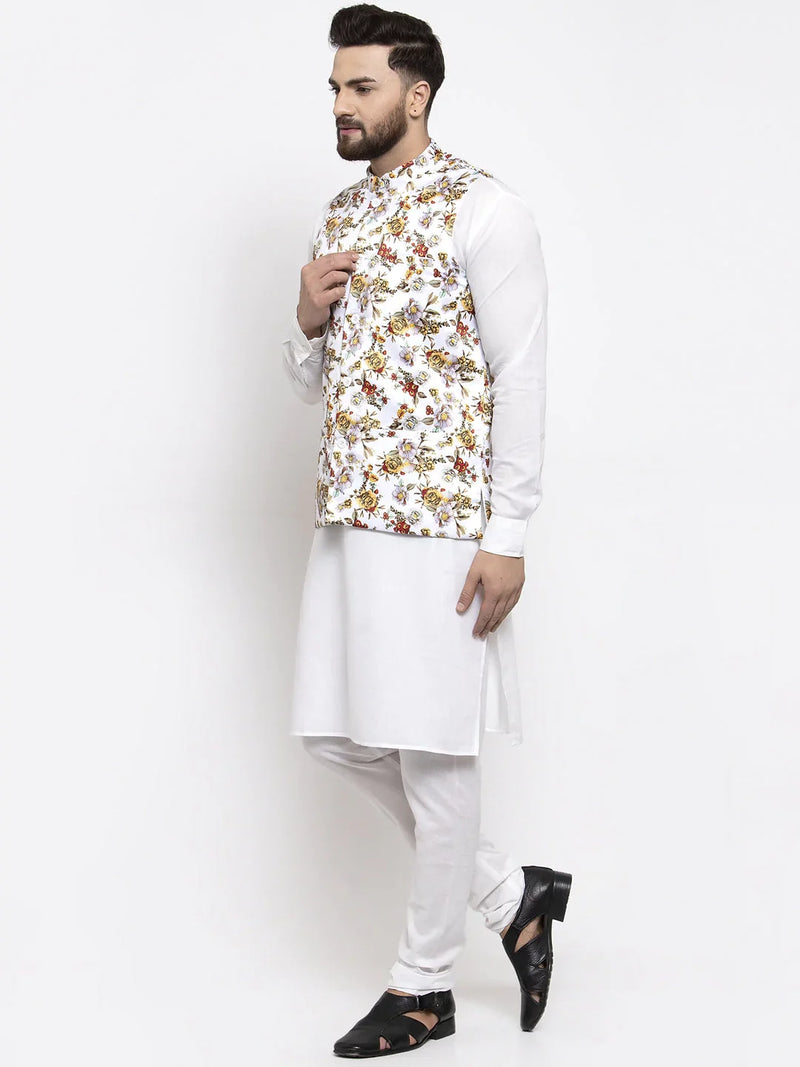 Jompers Men's Solid Cotton Kurta Pajama with Printed Waistcoat ( JOKP WC 4058 White-W )