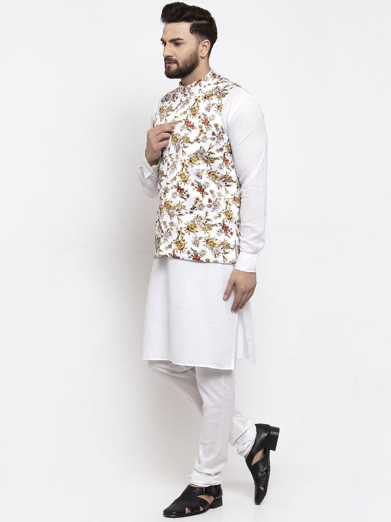 Jompers Men's Solid Cotton Kurta Pajama with Printed Waistcoat