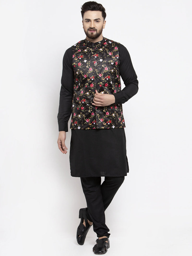 Jompers Men's Solid Cotton Kurta Pajama with Printed Waistcoat